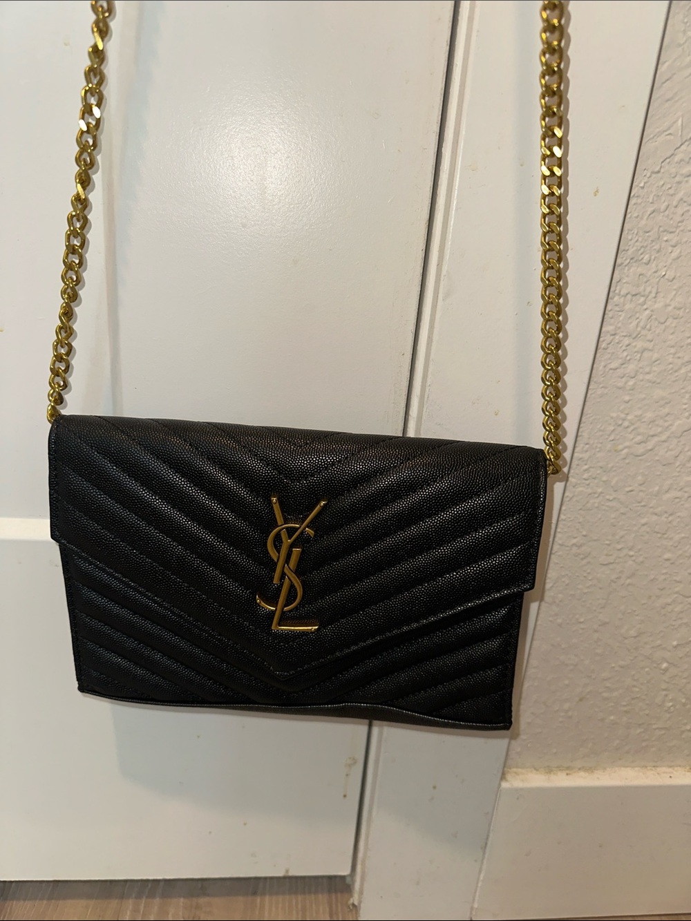 Black Quilted Leather Chain Crossbody with Gold Hardware
